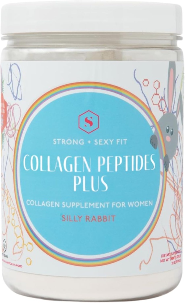 Strong + Sexy Fit Collagen Peptides Plus Powder with Hyaluronic Acid and Vitamin C, Women's Hair, Skin, Nails and Joint Support Supplement, Grass Fed Bovine Collagen, Silly Rabbit, 20-40 SVG
