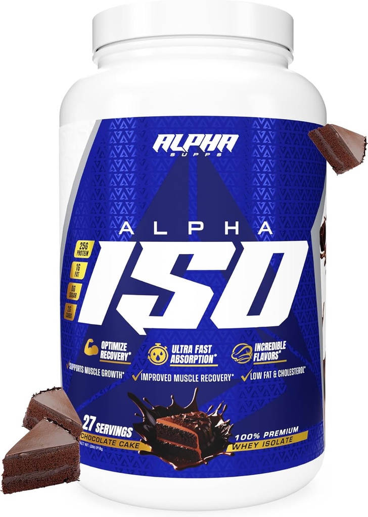 Alpha Supps ISO, Low Carb 100% Whey Protein Isolate Powder, 25 Grams Per Servering, hjälper till att stödja muskeltillväxt, låg socker och glutenfri (Chocolate Cake, 2 lb)