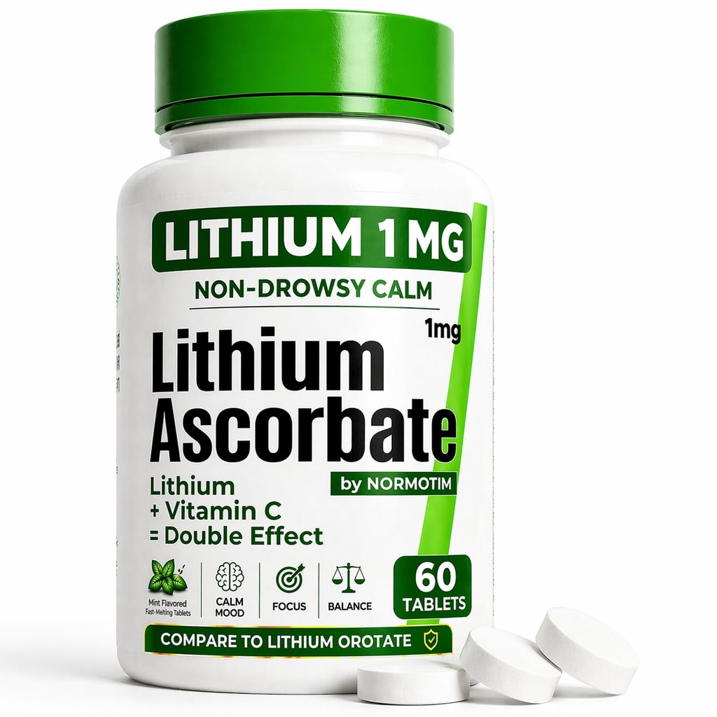 Litium Ascorbate 1mg - Säkert alternativ till Litium Orotate - Microdose Lithium Supplement för humör, fokus och lugn - Vitamin C Support - 60 tabletter - Tillverkad i USA