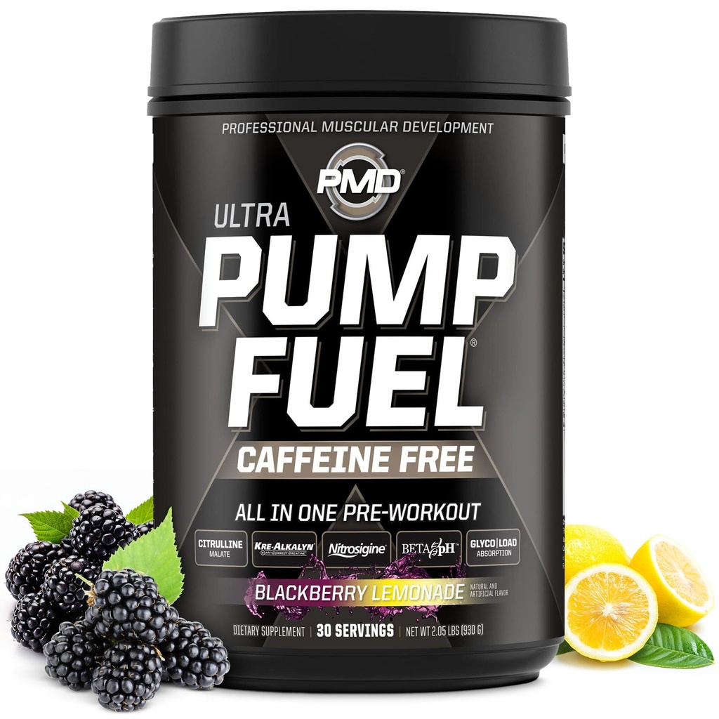 PMD Sport Pump Fuel Ultra Caffeine Free - Premium Pre Workout Powder & Muscle Pump, Större Fokus, Uthållighet & Återhämtning, Premium Kreatin, Arginine & Beta Alanine - BlackBerry Lemonade (30 portioner)