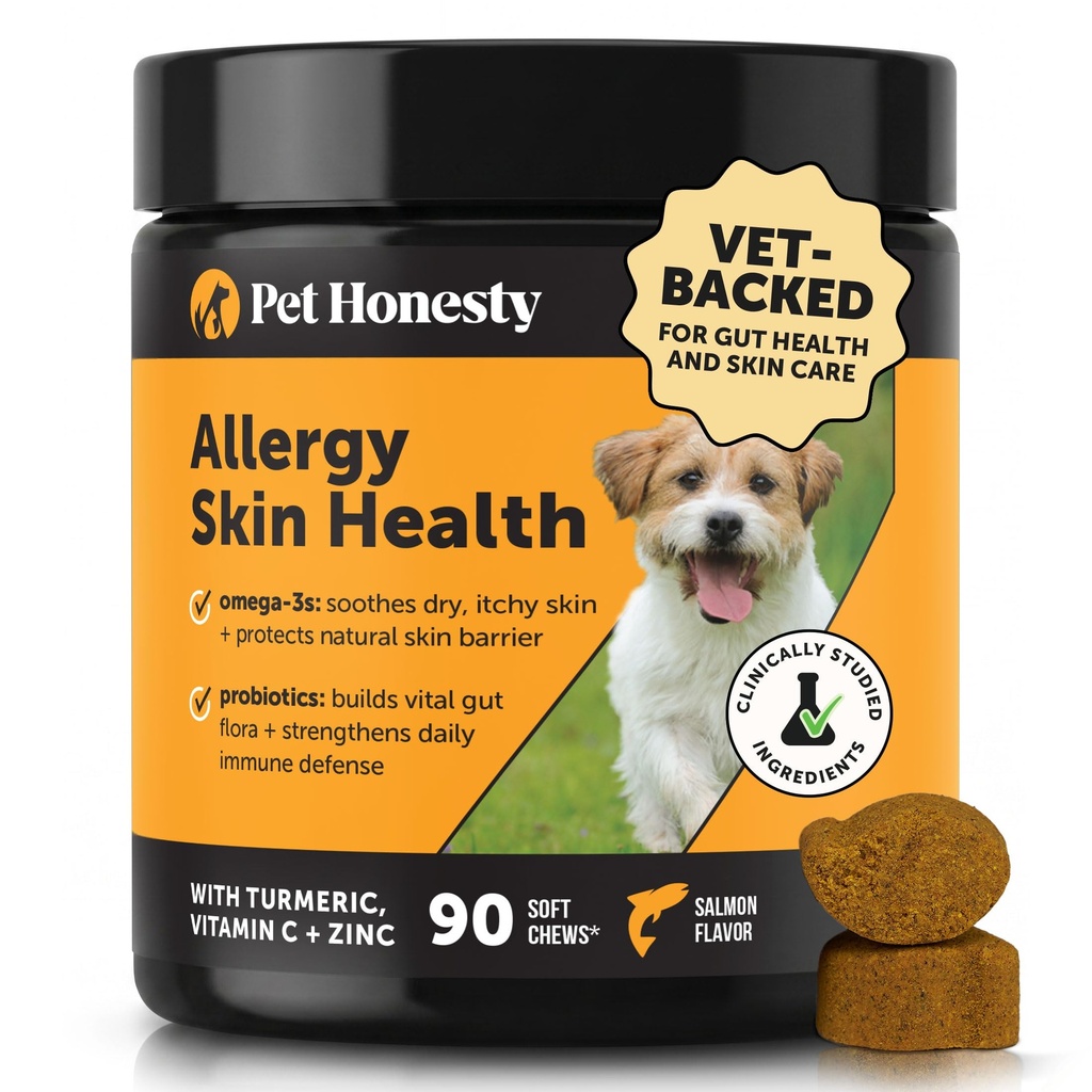 Allergy Skin Health - Allergy Itch Relief & Immune Support Chews with Fish Oil, Probiotics & Vitamin E - Hjälper till att minska Normal Shedding, Soothe Sensitive Skin & Digestive Health (Salmon Flavor, 90 Ct)