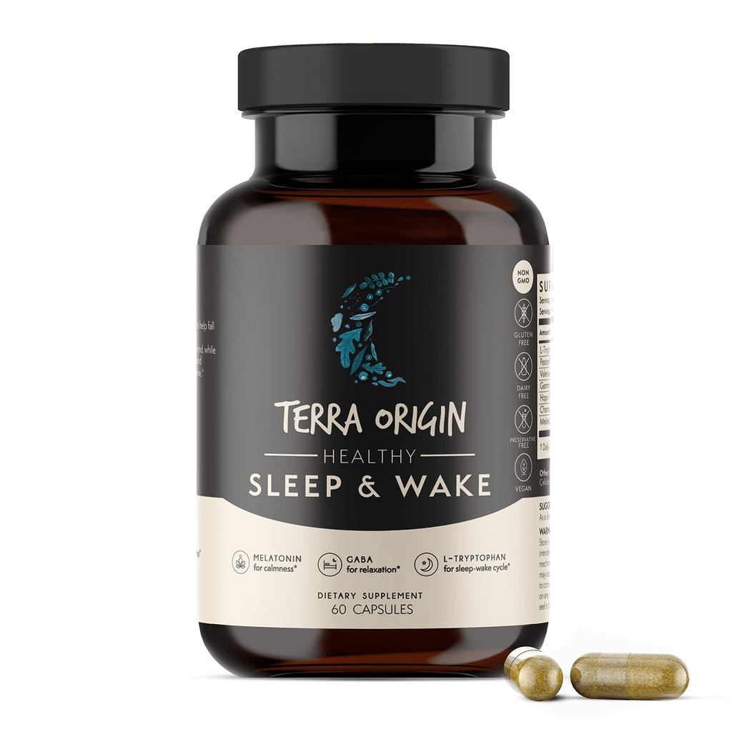 TERRA ORIGIN Hälsosam sömn och vaken | Natursömn bistånd tillskott för vuxna | Restful och Awake Refreshed | GABA, L-Tryptophan, Melatonin, Chamomile, Valerian, PassionFlower | 60 kapslar