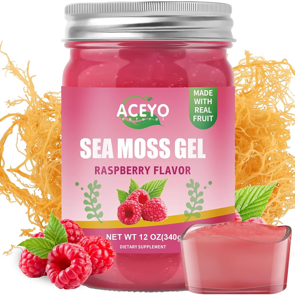 ACEYO (12 OZ) Irländska Sea Moss Gel Organic Raw Vegan Raspberry Flavor 102 Vitaminer och Minerals Wild Harvested Non-GMO Immune Defense Booster Thyroid Digestive Support
