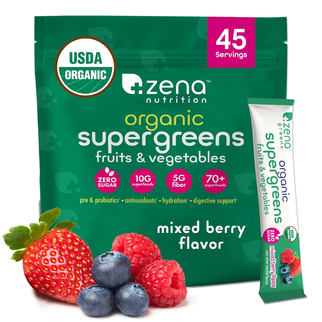 Zena Nutrition Organic Super Greens Powder, 70 + Superfoods, 0 Sugar, 5G Fiber, Spirulina, Chlorella, Antioxidanter, Prebiotika / Probiotika, Digestive Enzymes, Mixed Berry, 45 Drink Mix Packets