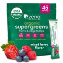 Zena Nutrition Organic Super Greens Powder, 70 + Superfoods, 0 Sugar, 5G Fiber, Spirulina, Chlorella, Antioxidanter, Prebiotika / Probiotika, Digestive Enzymes, Mixed Berry, 45 Drink Mix Packets