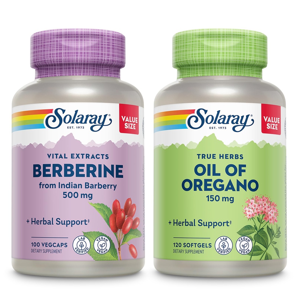SOLARAY Berberine and Oil of Oregano Bundle - Berberine HCl från Indian Barberry Plus Oregano Oil Supplement for Powerful Wellness Support - 100 VegCaps/120 Softgels