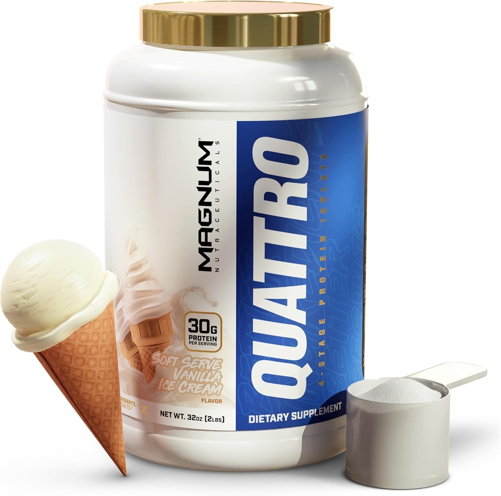 QUATTRO Magnum Nutraceuticals Whey Protein Powder, Vanilla Soft Serve Ice Cream 2lb - Premium Protein Isolate Blend för muskeltillväxt och återhämtning
