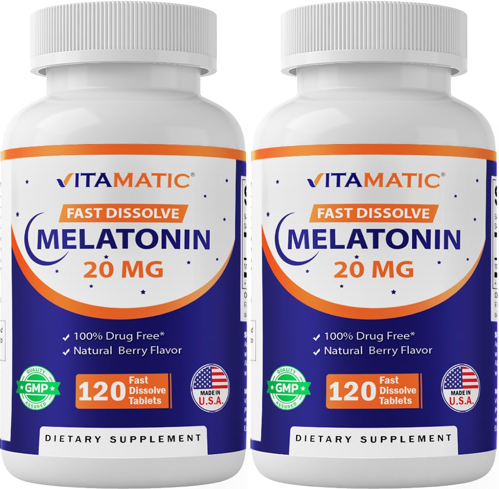 Vitamatic Melatonin 20mg för Sleep Support | Vegetarian, icke-GMO, Gluten Free | HIGH Potens 20 MG | Naturlig Berry Flavor 120 Snabbupplösta tabletter - 2 Pack - 240 Räkna