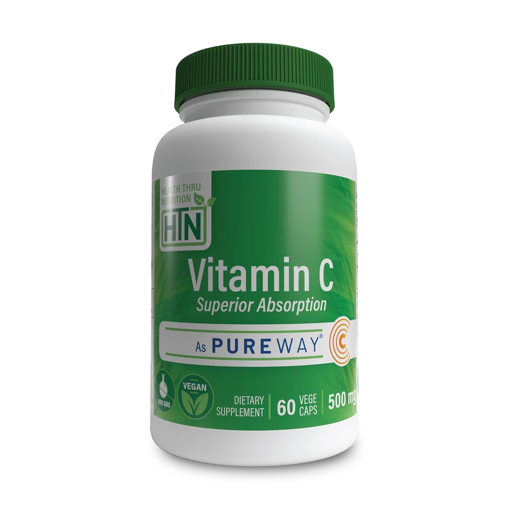 Health Thru Nutrition Vitamin-C 500mg som PureWay-C 60 Vegecaps Superior Absorption | Hälsosam immunfunktion och Collagen Support | 3rd Party Tested | Vegan, icke-GMO och Gluten Free
