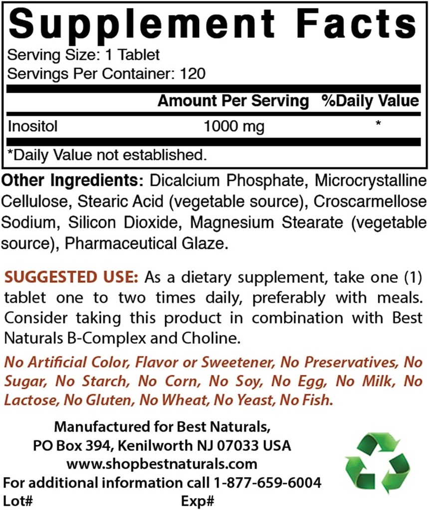 Bästa naturliga Inositol 1000mg & Glycin Supplement 1000 Mg