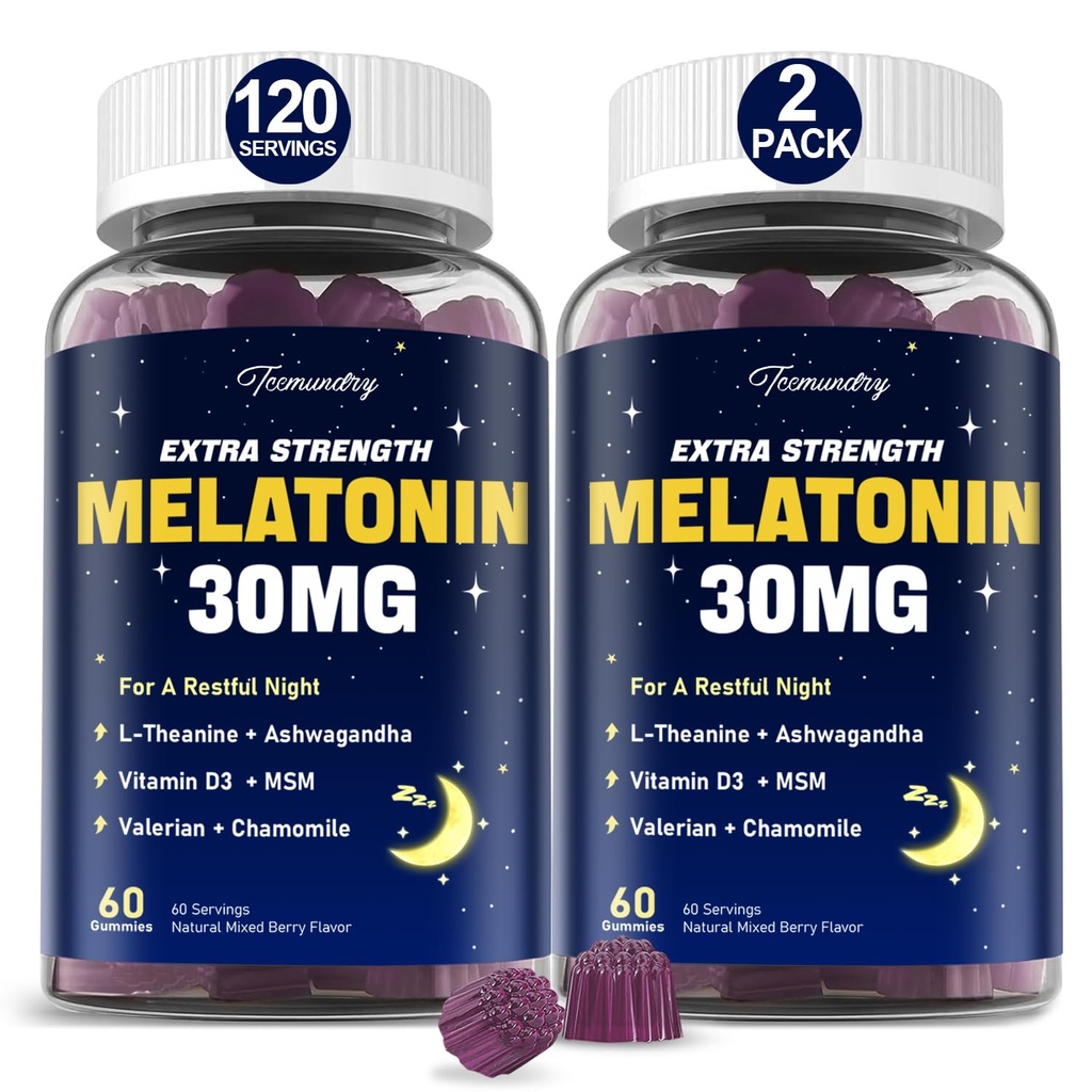 Melatonin Gummies 30mg för vuxna: Maximal styrka Melatonin Supplement med L-Theanine, Ashwagandha, MSM, Vitamin D3 & Zink - Non-Habit Forming, Natural Mixed Berry Flavor 60 Count (Pack av 2)