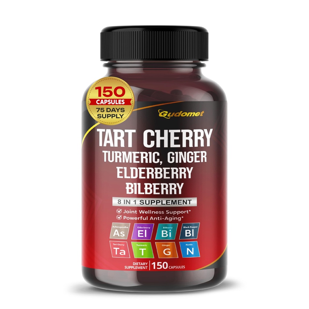 Tart Cherry Turmeric Ginger Stinging Ashwagandha Elderberry Bilberry Black Pepper -150 Capsules - Made in USA