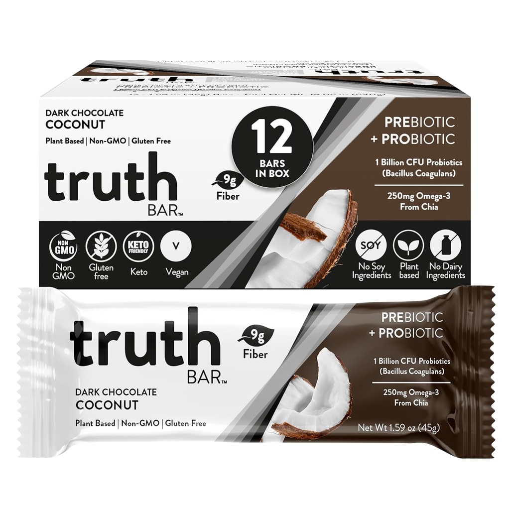Truth Bar Healthy Snack, Omega 3 från Chia, Plantbaserad, Prebiotics & Probiotics, High fiber, Low sugar, Keto, Kosher, Dark Chocolate, Vegan, Gluten Free, 12 Ct, 45g ea.
