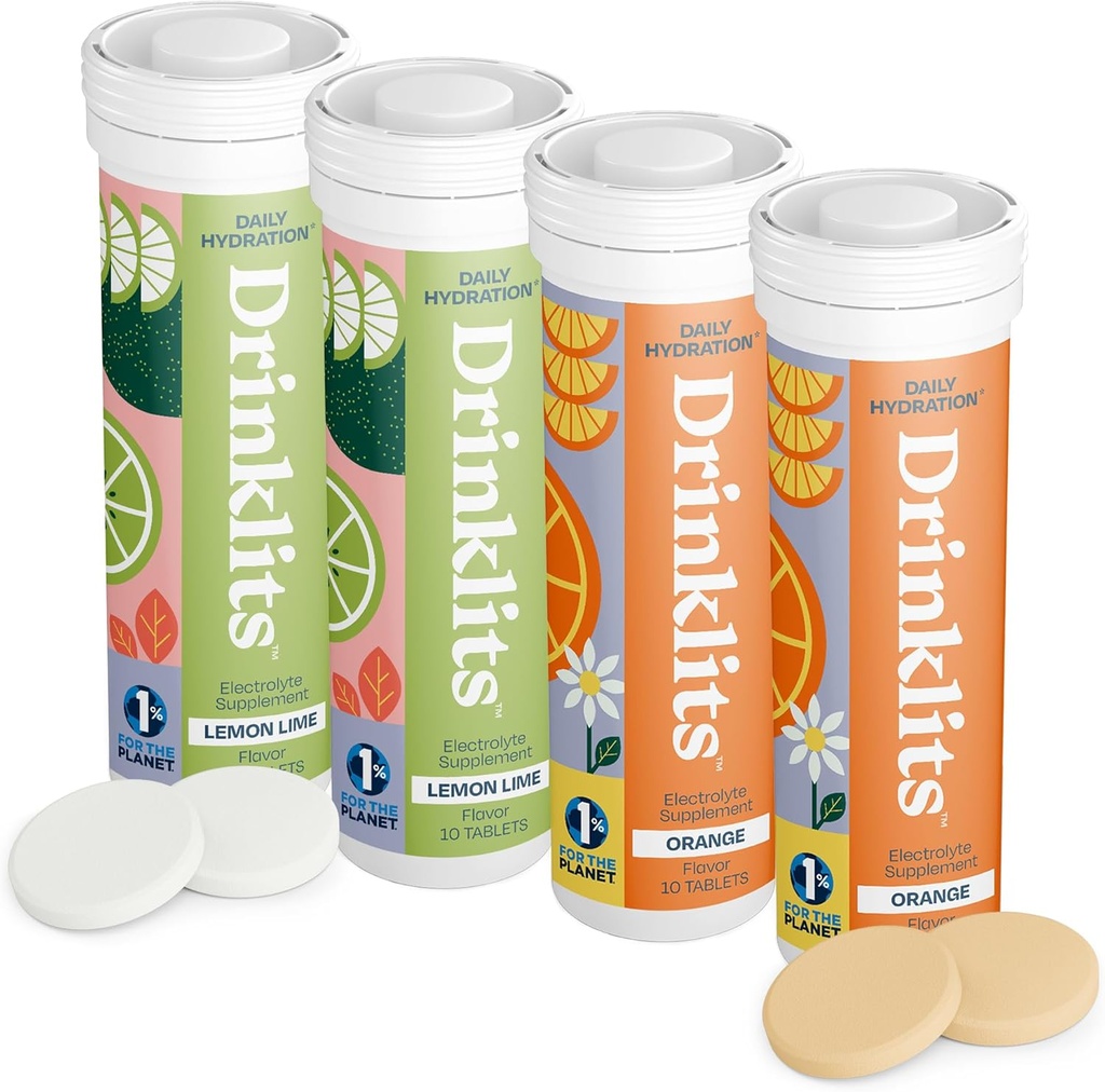 Drinklits Lemon-Lime & Orange Electrolyte tabletter (4) Tube Bundle | Citrus Hydration Combo Pack | Utsökta naturliga smaker - 0g Sugar - Daglig användning | 40 portioner - 10 tabletter Per Tube