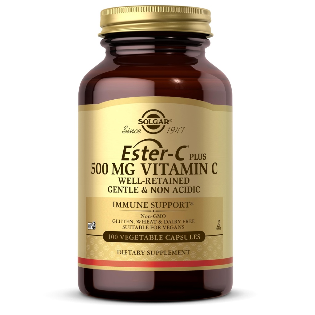 Solgar Ester-C Plus 500 mg Vitamin C (Ascorbate Complex), 100 Vegetable Capsules - Gentle & Non Acidic - Antioxidant & Immune Support - Non GMO, Vegan, Gluten-Free, Kosher - 100 Servings