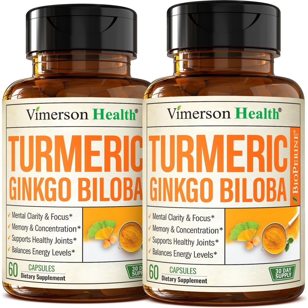 Ginkgo Biloba och gurkmeja Curcumin Supplement w/Black Pepper & Organic Tumeric – Natural Turmeric Supplement för Focus, Memory, Joint & Brain Health – Vegan Ginko Biloba Capsules w/Curcuma – 2 Pack