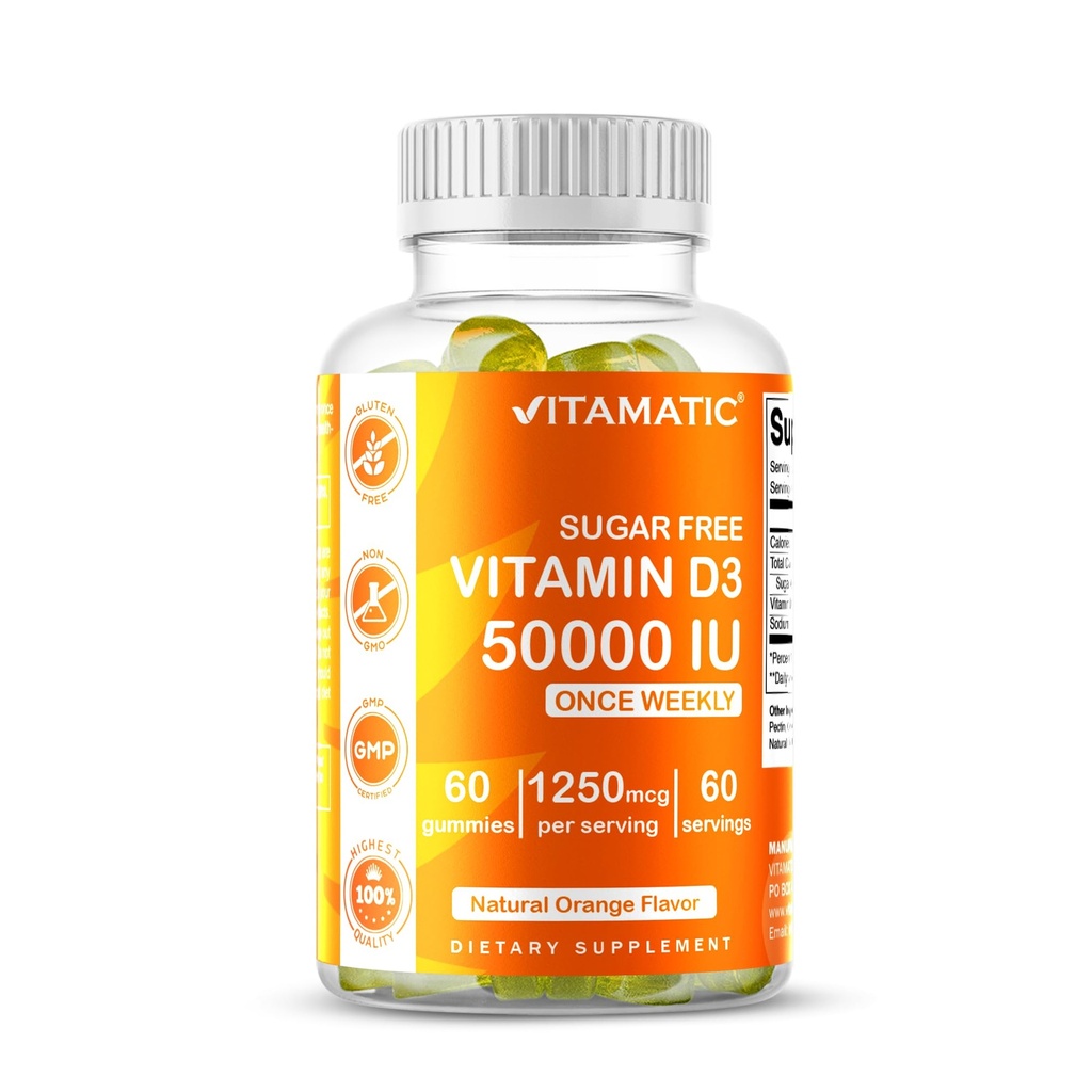 Vitamatic Sugar Free Vitamin D3 50.000 IE Weekly Supplement - 60 Pectin-Based Gummies High-Potency Vitamin D för ben, tänder och immunstöd