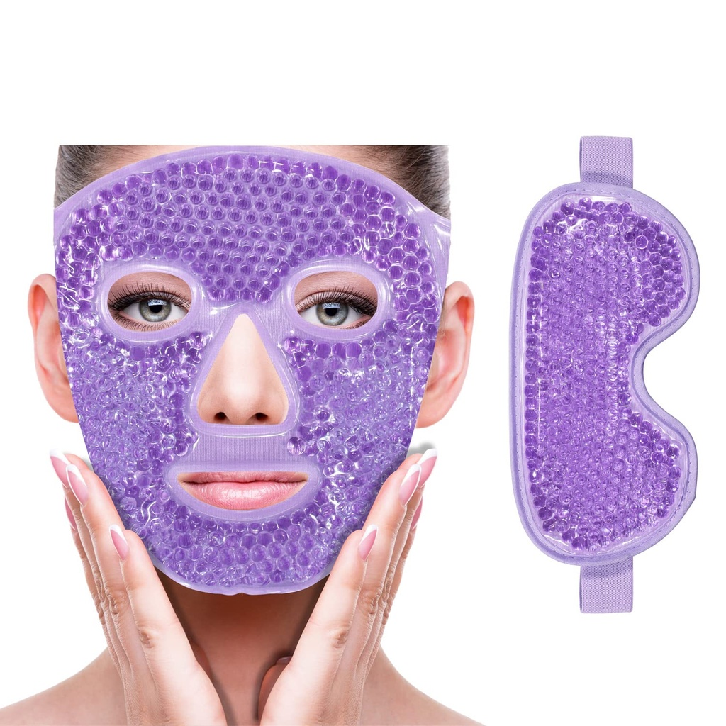 ZNÖCUETÖD Cooling Ice Face Eye Mask för att minska Puffiness, Bags Under Eyes,Sinus,Redness,Pain Relief,Dark Circles, Migraine,Hot/Cold Pack med Soft Plush Backing (Purple(1* Eye Mask+1*Face Mask))