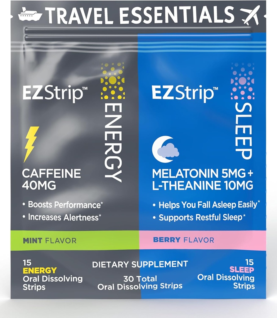 Travel Pack med energi- och sömntillägg - 30 greve - Portable Pack med koffeinremsor för energi och melatoninremsor för sömnstöd under resan - tillverkade i USA, socker och glutenfri
