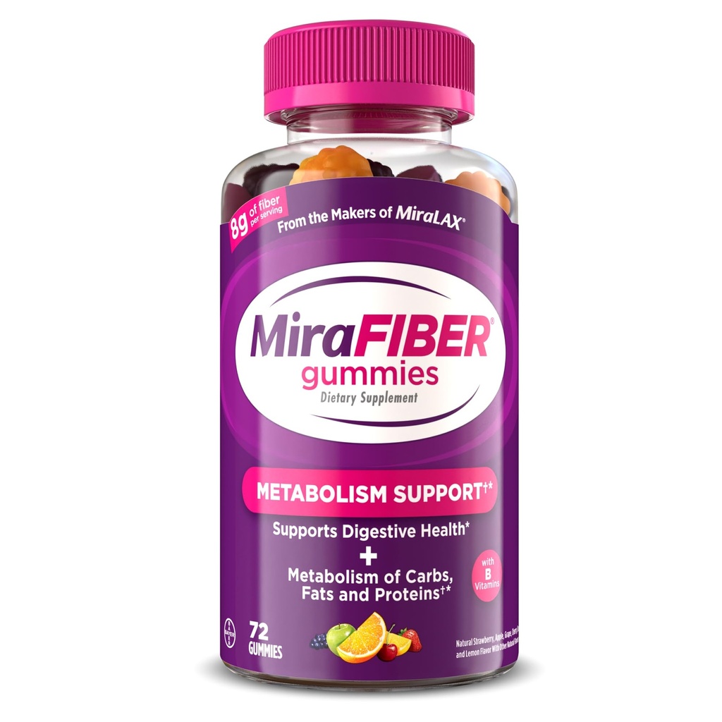 MiraFIBER Gummies från tillverkarna av MiraLAX, 8g Daily Fiber Per Servering, Metabolism Support med B Vitaminer, Gut Health för män och kvinnor, Prebiotiska Fiber Gummies för vuxna, blandad frukt smak 72Ct