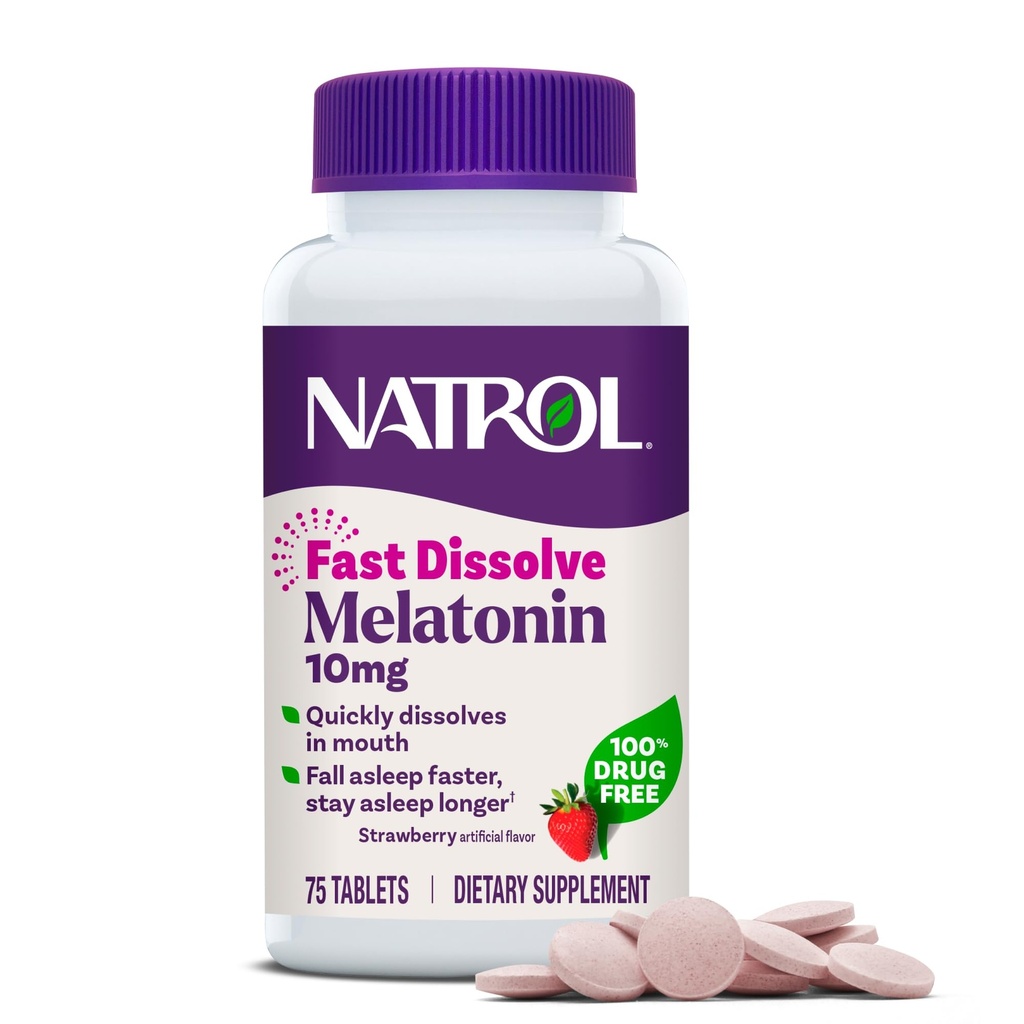 Natrol Melatonin 10mg snabbt lösa tabletter - jordgubbsmak, 75 greve, sömnsupport, snabblöst melatonin för vuxna, 75-dagars leverans