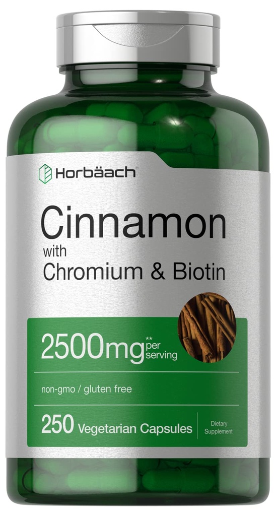 Horbäach kanel med Chromium Picolinate 2500mg | 250 kapslar | Plus Biotin | Vegetarian, icke-GMO, Gluten Free