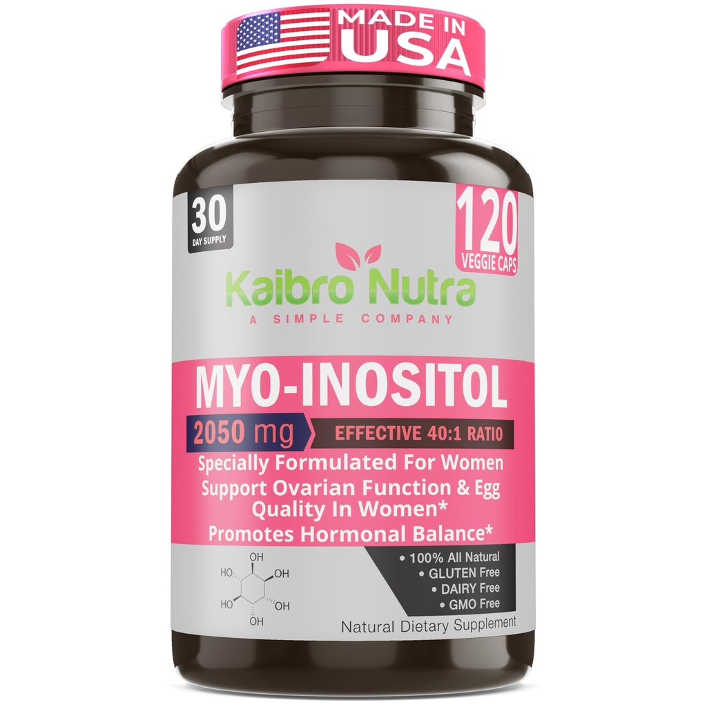 Kaibro Nutra Myo-Inositol Supplement, Myo-Inositol & D-Chiro Inositol 40:1 Ratio, Hormon Balance & Ovarian Support för kvinnor med vitamin B8, 2050mg, Vegan, Non-GMO Capsules 120 Count