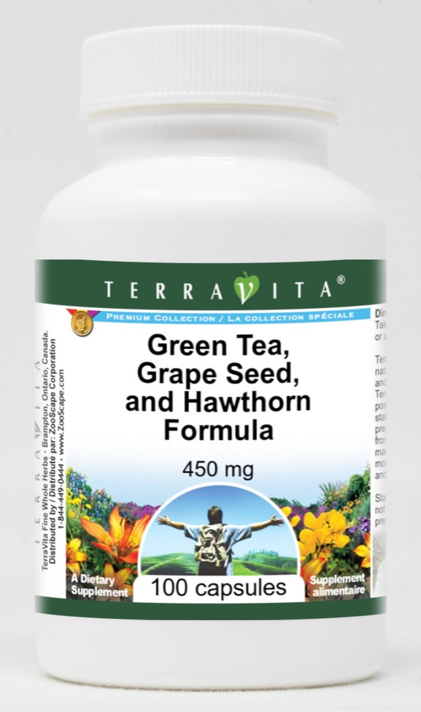 Högt blodtryck stöd - Grönt te, druvfrö och Hawthorn - 450 mg (100 kapslar, ZIN: 517080)