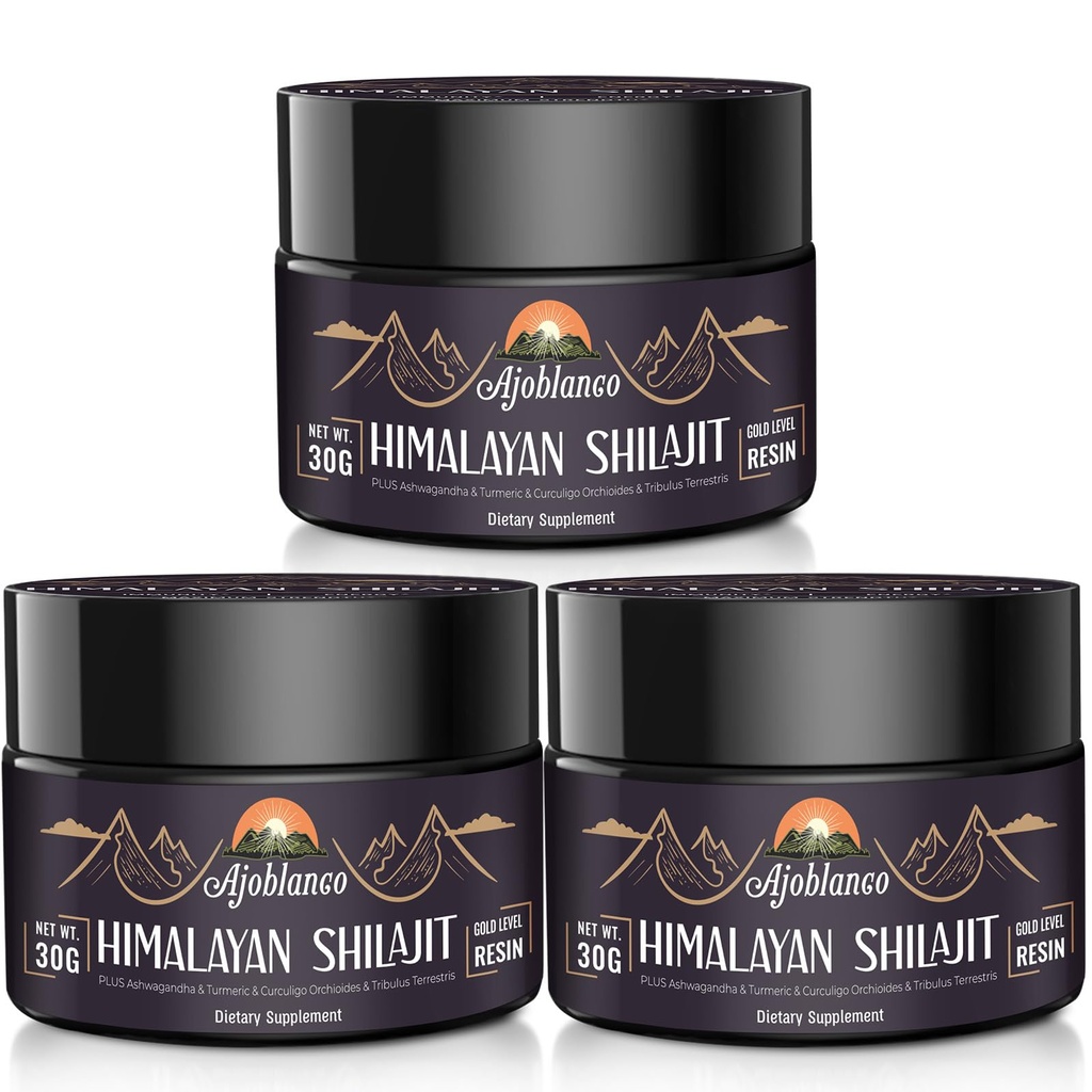 Ajoblanco 600mg naturlig Himalayan Organic Shilajit Resin - Himalayan Gold Shilajit harts med organisk ayurvedisk blandning i hög styrka för energi, styrka och immunitet, pack av 3
