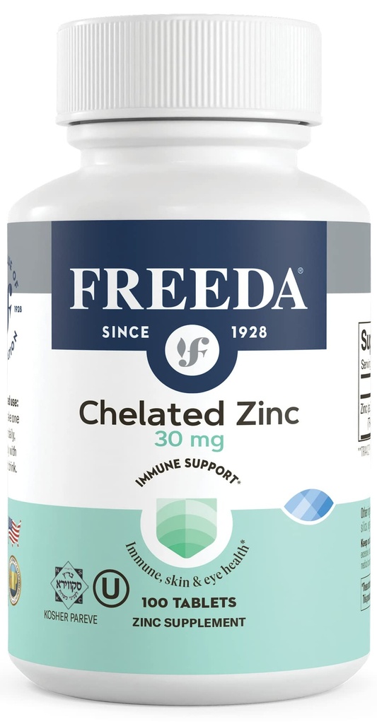Freeda Chelated Zink 30mg - TRAACS® Zink Bisglycinate för hög absorption - Vegan, Kosher, Gentle on Stomach - Immune Support för vuxna, män och kvinnor - 100 små tabletter