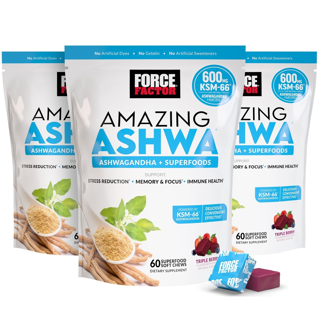 FORCE FACTOR Amazing Ashwa for Stress Relief, Memory, Focus och Immune Support Health, Ashwaganda Supplement med KSM-66 Ashwagandha för Stress, 180 Soft Chews