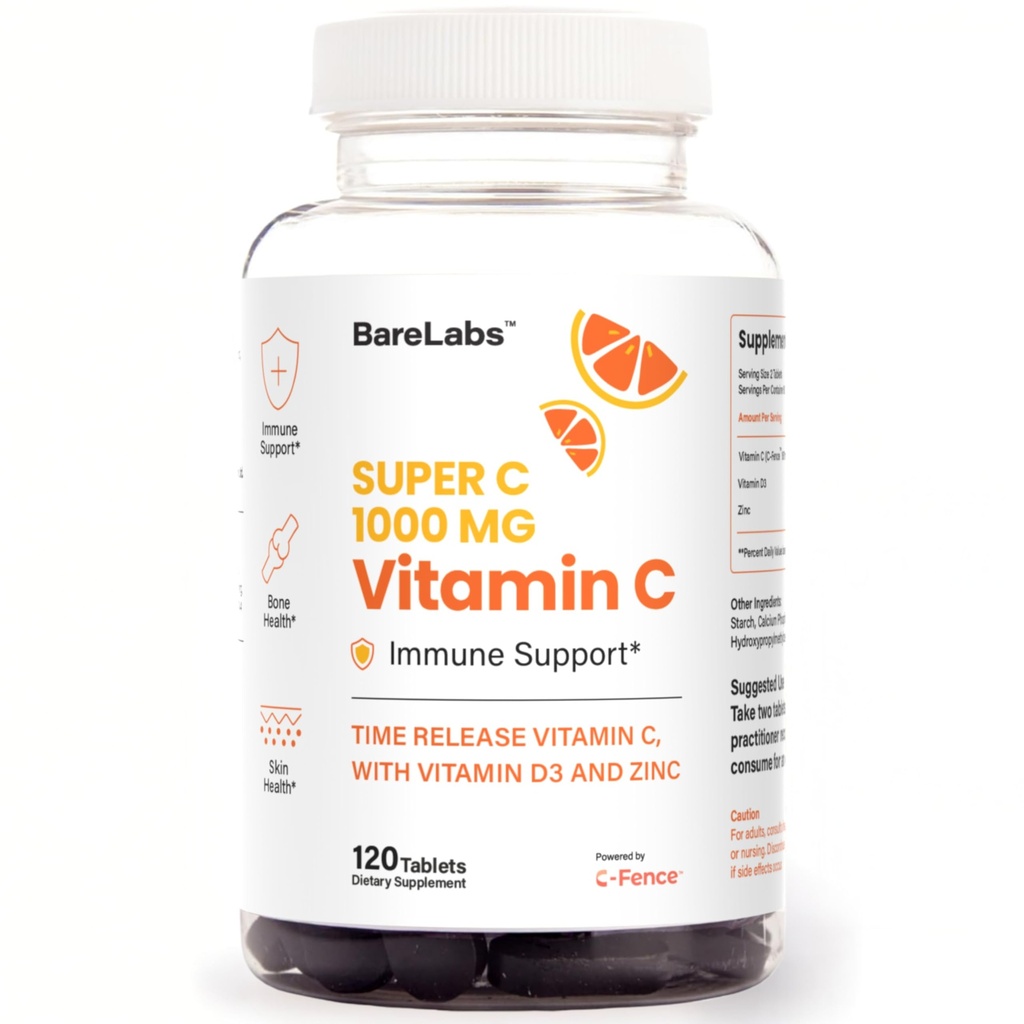 Time Release Vitamin C 1000 mg + Vitamin D3 1000 IE + Zink 30 mg | Immun Support & Collagen Boost | Non-GMO, All-Day Antioxidant | 120 tabletter Super C