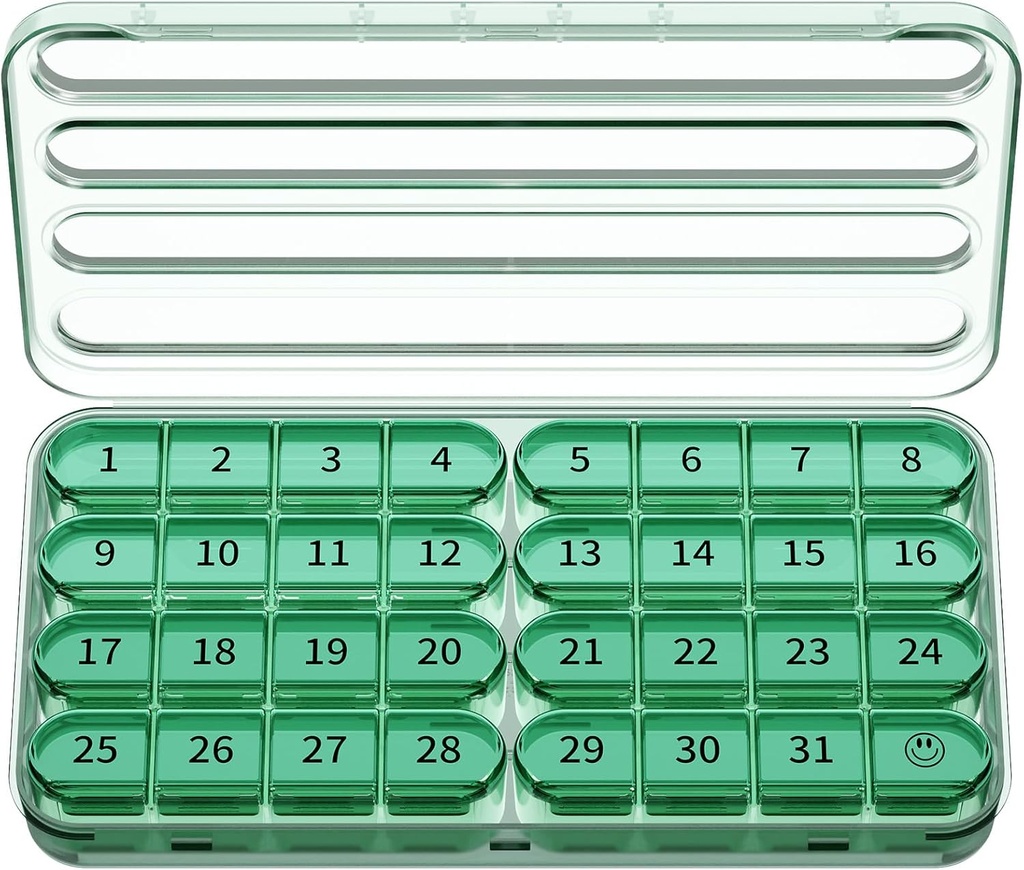 Zoksi Månatliga Pill Organizer 1 gång om dagen, 30 Dag Pill Box Organizer En gång om dagen, En Månad Stor Pill Case för Resa, 31 Dagliga Medcine Container för Vitaminer, Tillägg & Medicinering (Olive)