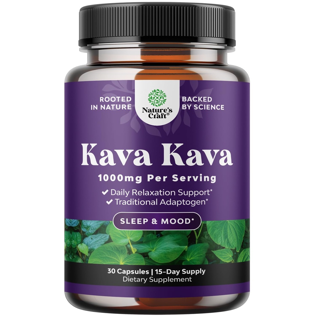 Kava Kava Root Extract Supplement 1000mg - Fast Acting Herbal Support med Kavalactones för balanserad humör - Slappna av lugnande kapslar för stressstöd och bättre sömn - 15 portioner