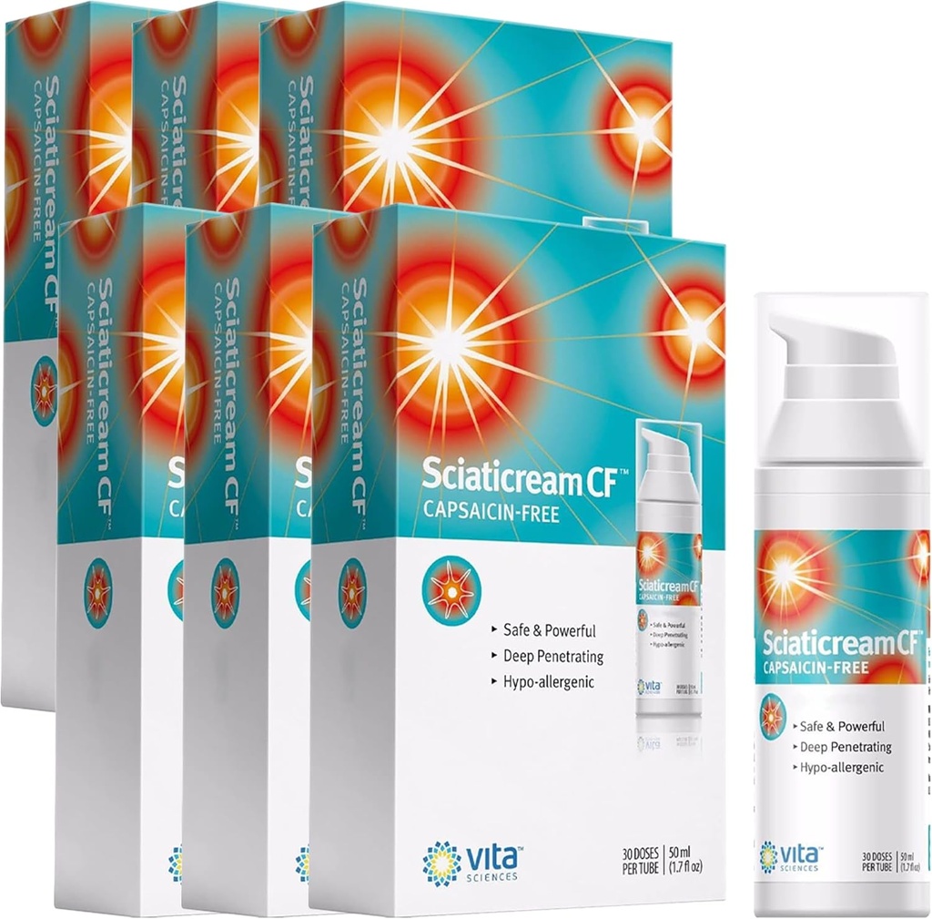 Vita Sciences Sciaticream CF: Rapid Soothing Cream för Sciatic Nerve med Arnica, B1, B5, B6, MSM, Aloe och Coconut Oil Base. Capsaicin-FREE. Fast Acting Soothing Formel - Pack på 6