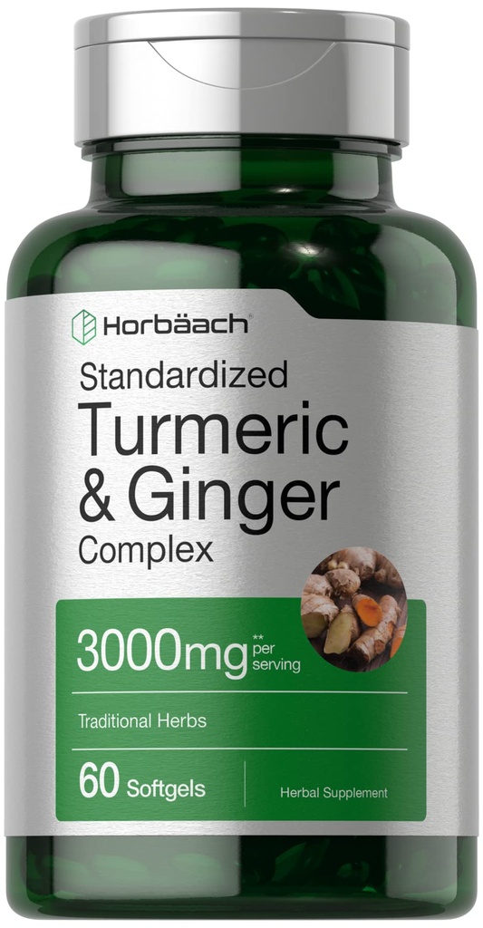 Horbäach Turmeric och Ginger Supplement 3000 mg | 60 Softgel Capsules | Turmeric Curcumin Complex med Black Pepper Extract | Non-GMO, Gluten Free
