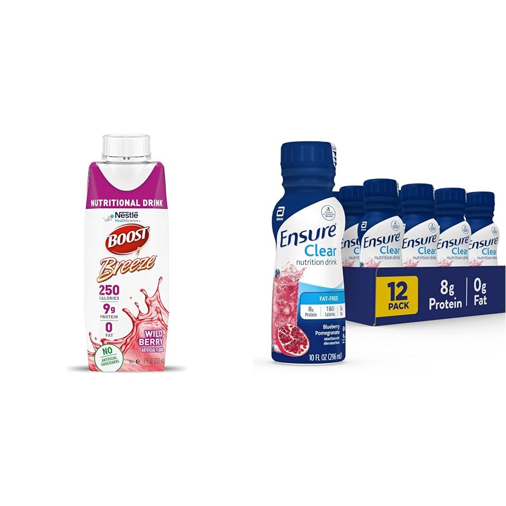 BOOST Breeze Clear Nutritional Drink, 9g Protein, 250 Nutrient-Rich Calories, Wild Berry, 8 fl oz & Ensure Liquid Clear Nutrition Drink, 0g fett, 8g protein, Blueberry Pomegranate, 10 Fl Oz