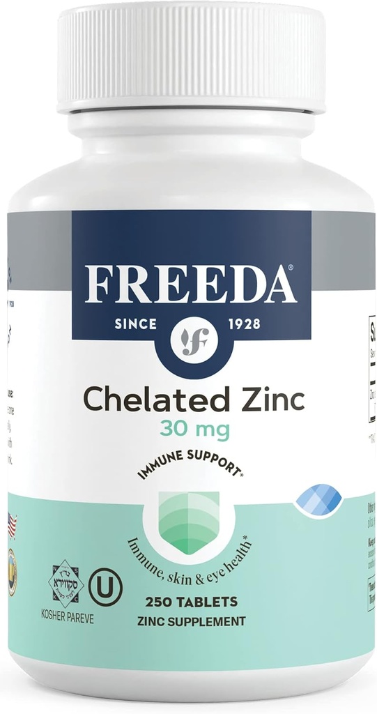 Freeda Chelated Zink 30mg - TRAACS® Zink Bisglycinate för hög absorption - Vegan, Kosher, Gentle on Stomach - Immune Support för vuxna, män och kvinnor - 250 små tabletter