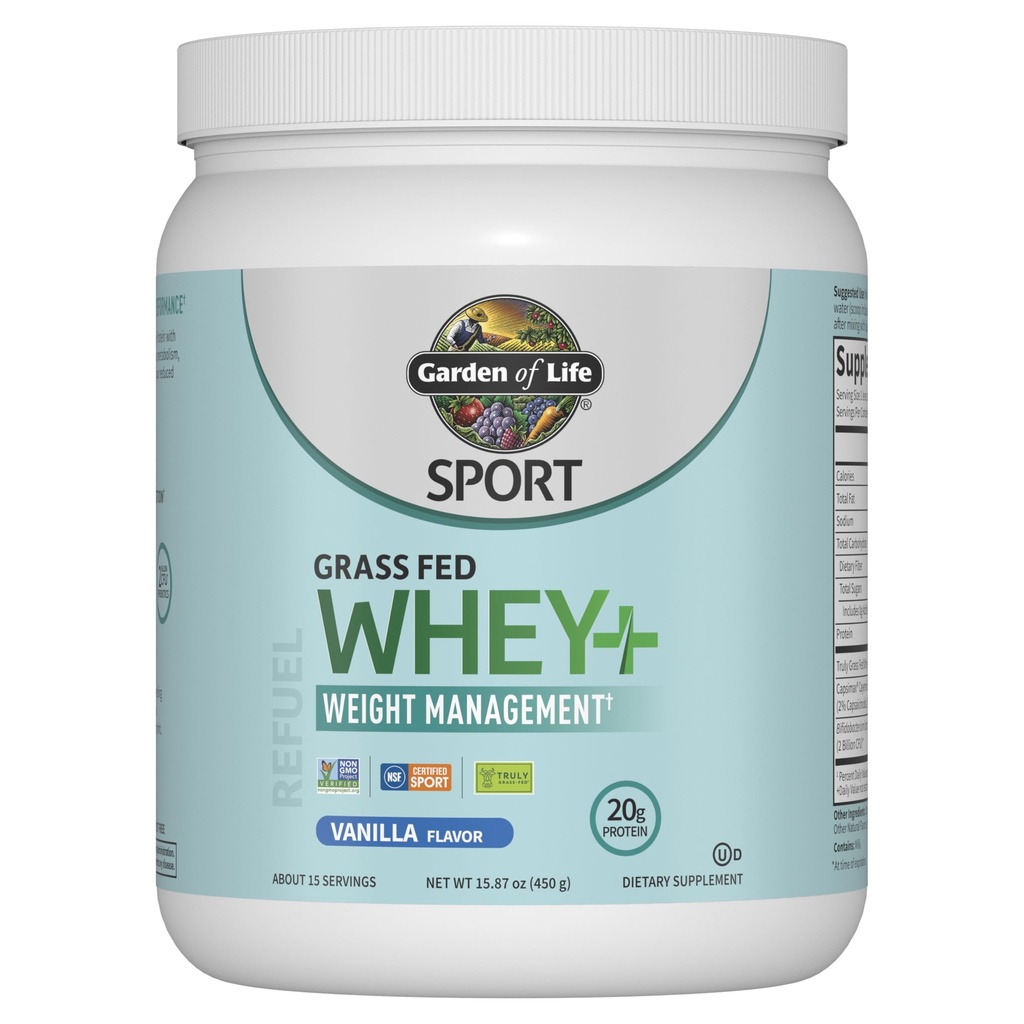 Garden of Life Sport Whey Plus Weight Management med Amino Energy - 20g Grass Fed Protein Isolat för kvinnor och män - Vanilla Powder - med Capsimax, 2 miljarder CFU Probiotics, cirka 15 portioner