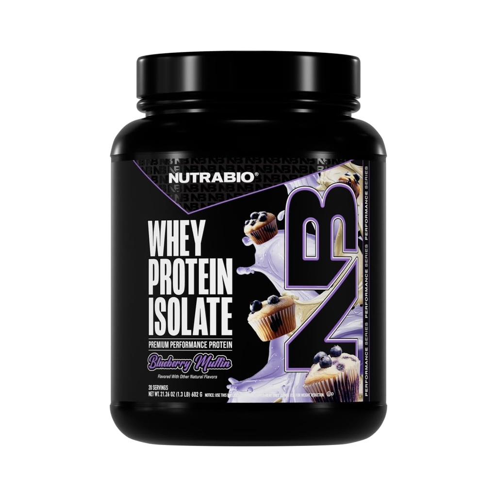 NutraBio 100% Whey Protein Isolate Protein Powder, 25g Protein med komplett Amino Acid Profile, Non-GMO, Soy & Gluten Free, Low Carb, Low Calorie Whey Protein Powder, Blueberry Muffin, 2 Lbs