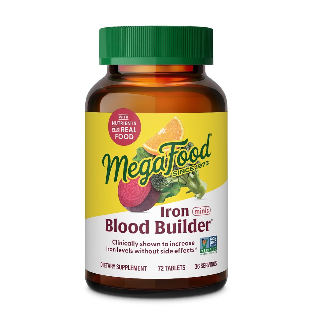 MegaFood Blood Builder Iron Supplement för kvinnor och män - Öka järnnivåer utan biverkningar - Combats Fatigue - Vitamin B12, Folic Acid & Vitamin C - Vegan - 72 Mini tabletter (36 portioner)