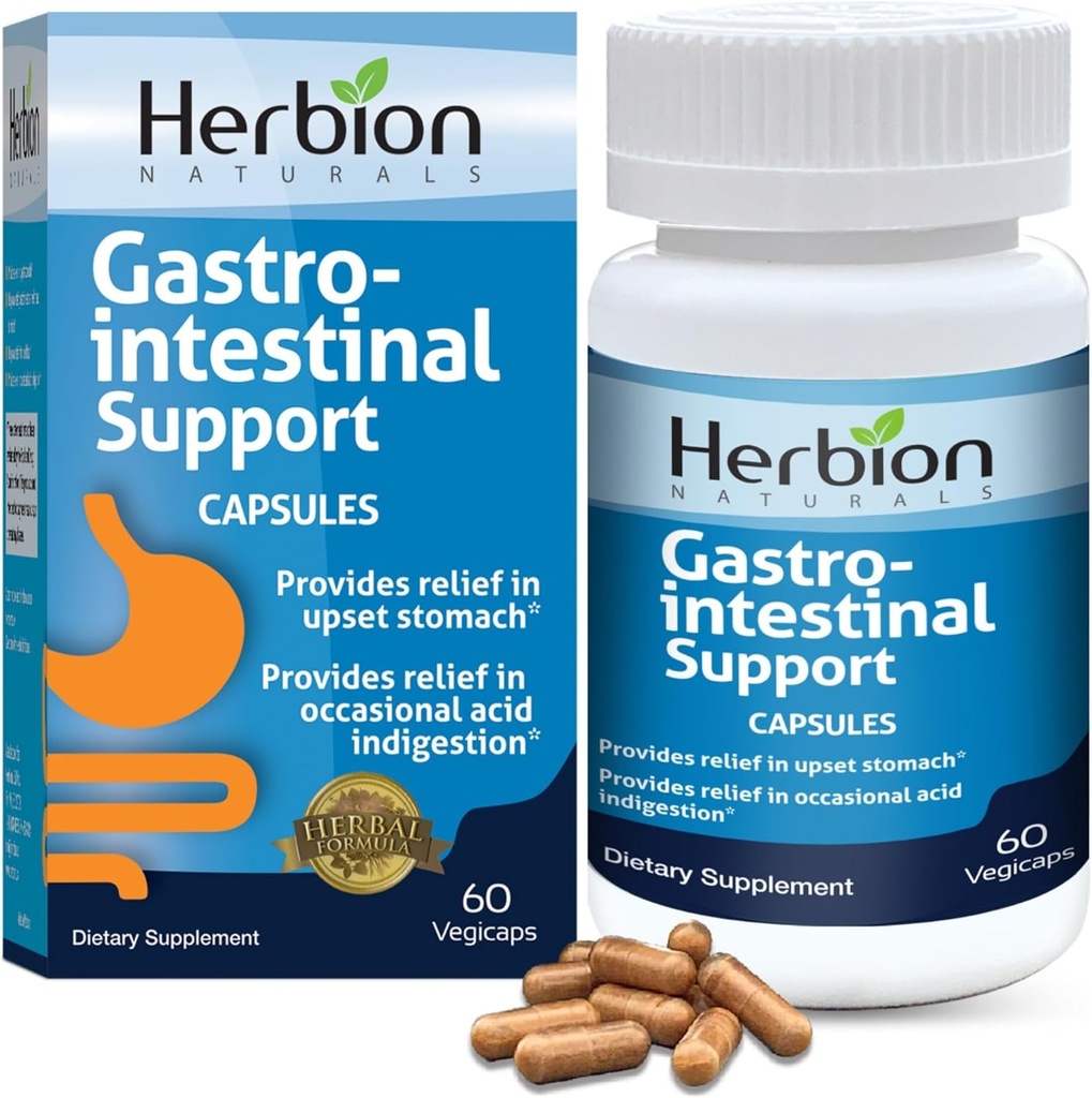 HERBION Naturals Gastro-intestinal Support Herbal Blend för upprörd magbefrielse, gastrointestinal hälsa och funktion, yrkessyra indigestion, hälsosam intestinal Flora, 60 greve, paket med 1