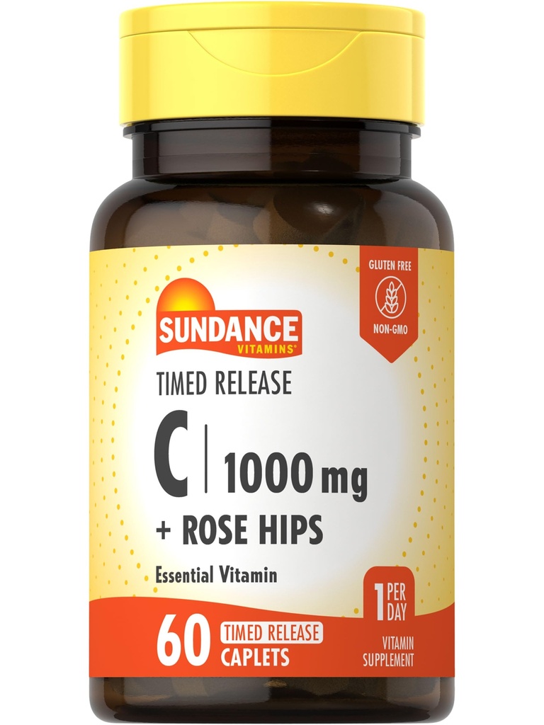 Sundance Vitamin C 1000mg med Rose Hips | 60 Coated Caplets | Timed Release | Vegetarian, icke-GMO och Gluten fri tillägg