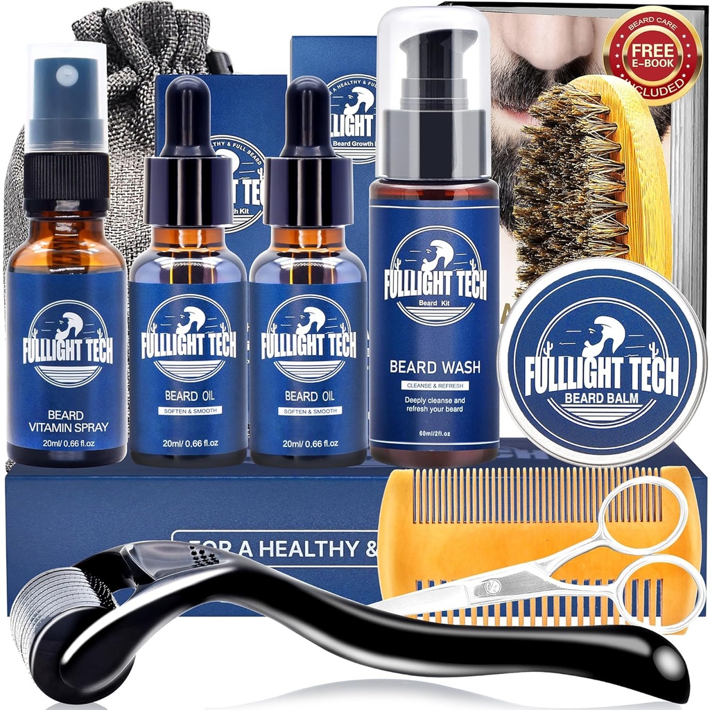Skäggvård Kit för Män-Nourish Soften Grooming Patchy Beard W / Vitamin Spray, Mustache Oil, Balm, Tvätta, Björn Bristle Brush,Wooden Comb, Scissors, Valentines Fäder Gåvor för Män Pappa Honom Man Boyfriend