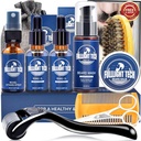 Skäggvård Kit för Män-Nourish Soften Grooming Patchy Beard W / Vitamin Spray, Mustache Oil, Balm, Tvätta, Björn Bristle Brush,Wooden Comb, Scissors, Valentines Fäder Gåvor för Män Pappa Honom Man Boyfriend