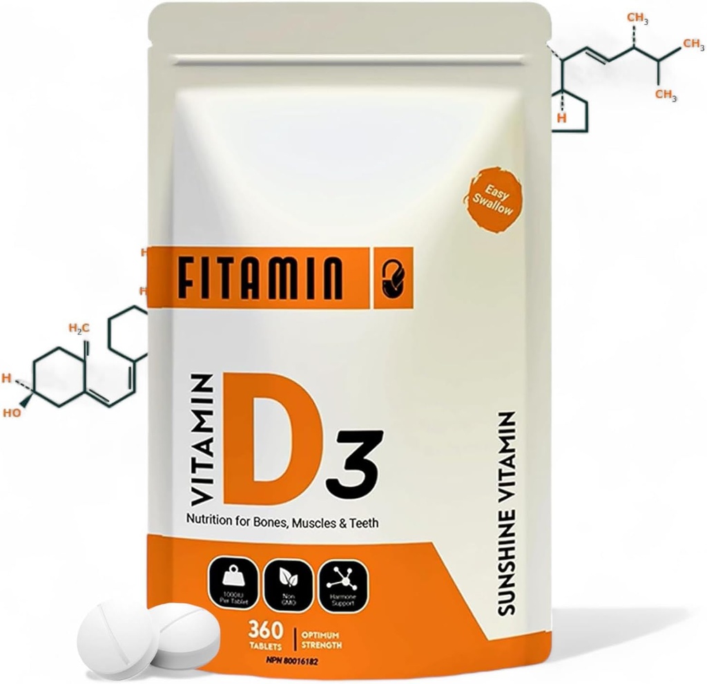 Vitamin D3 1000iu - 360 Easy-Swallow tabletter för starka ben, hälsosam tänder, immunsystemstöd och muskelfunktion - naturligt vitamin D-tillägg - 1 års leverans för män, kvinnor och seniorer