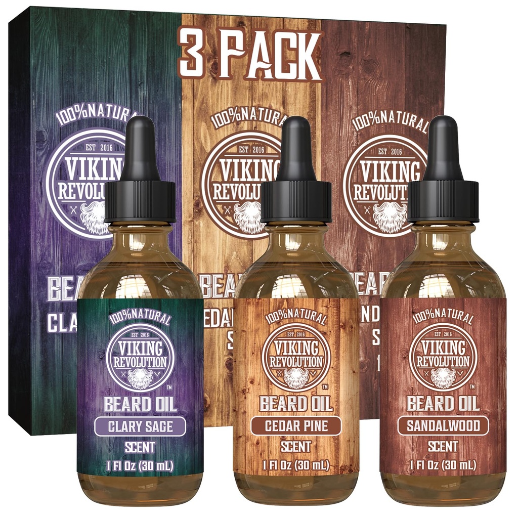 Viking Revolution Beard Oil for Men 3 Pack - Natural Mens Beard Oil Variety Set - Sandalwood, Pine and Cedar, Clary Sage Scents - Beard Conditioning and Moisturizing for a Healthy Beard (3 Pack, 1oz)