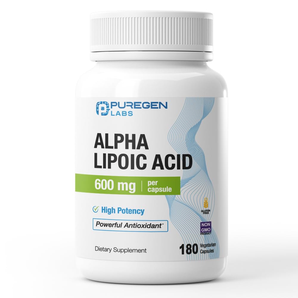 Puregen Labs Alpha Lipoic Acid 600mg [High Potency] 180 portioner - Antioxidant Support | No Harmful Additives | Non-GMO, NO Gluten och Dairy, 600 mg per Veggie Capsule - Made in USA