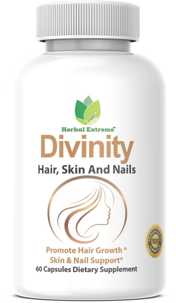 Divinity Hair, Skin och Nails 60 Capsules 5000 mcg Biotin P-amino Benzoic Acid, Horsetail extrakt, Fo-Ti, Bamboo extrakt, Stinging Nettle, Kinesisk Peony, Spirulina, Saw Palmetto
