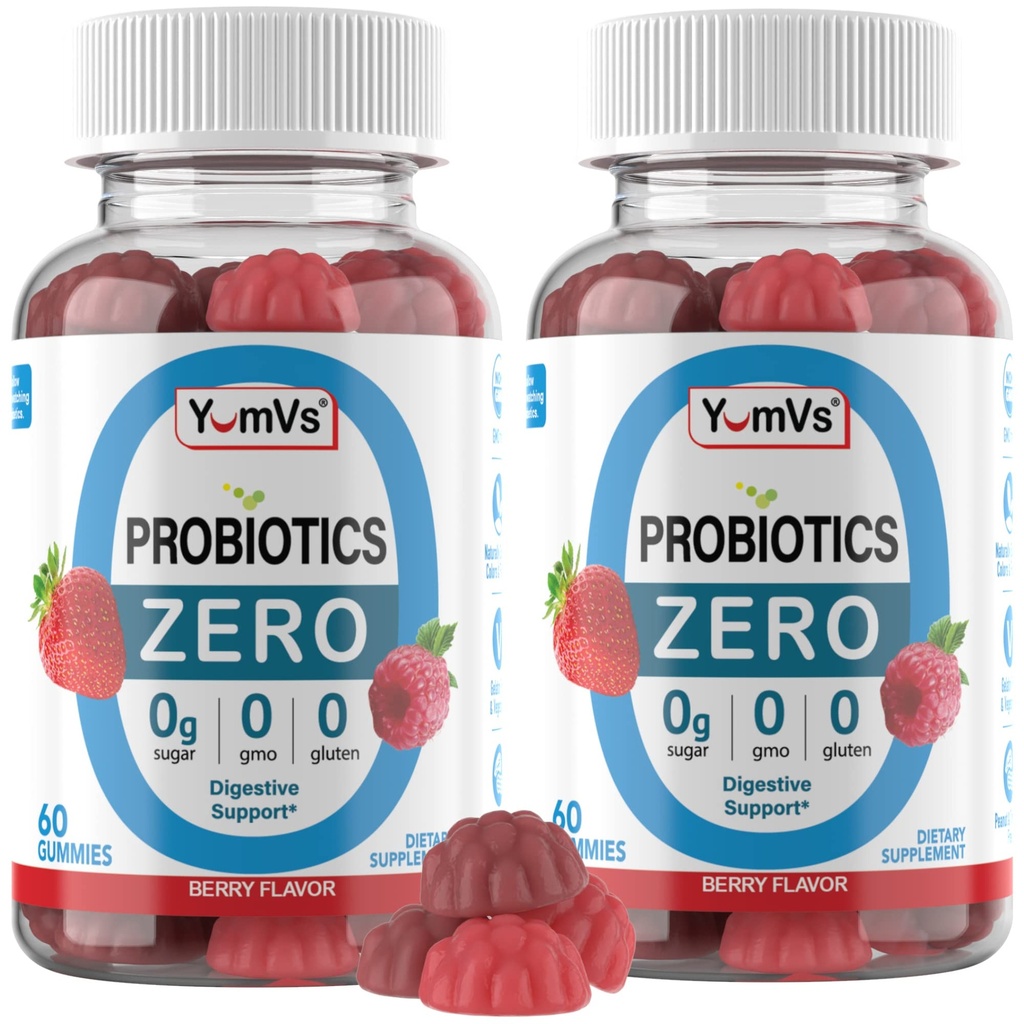 YUM-V'S - Zero Sugar Probiotic Gummies for Digestive Health - Sugar Free Probiotics for Women, Men & Kids - Gut Health Probiotic Gummies for Adults & Kids (60 greve av 2)